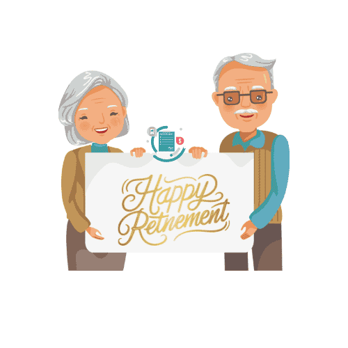 an old man & woman holding a card of happy retirment